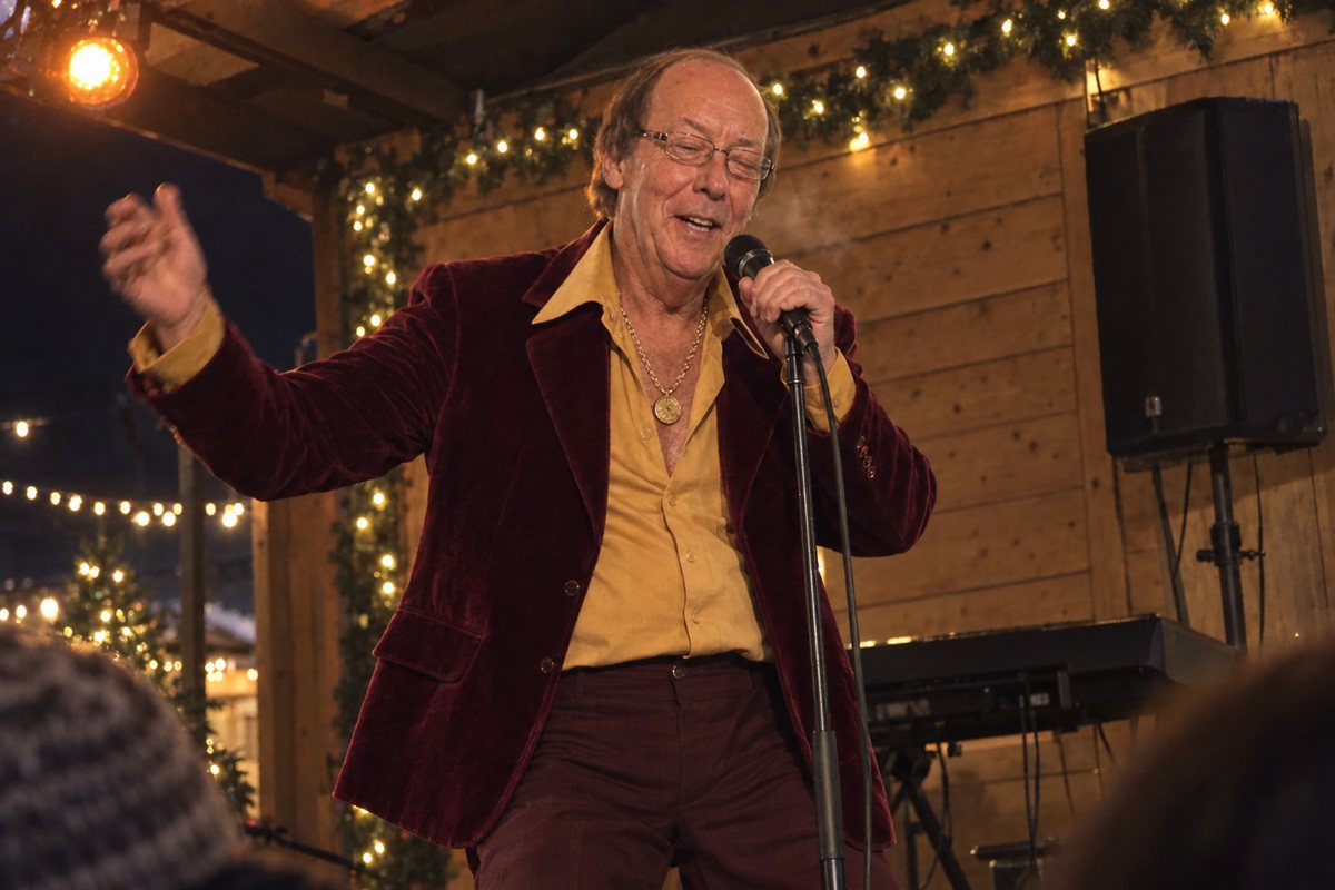 Fred Dinenage mid-song on a small wooden Christmas market stage, singing into a microphone on a stand in a burgundy velvet jacket, mustard shirt and gold medallion, fairy lights behind him