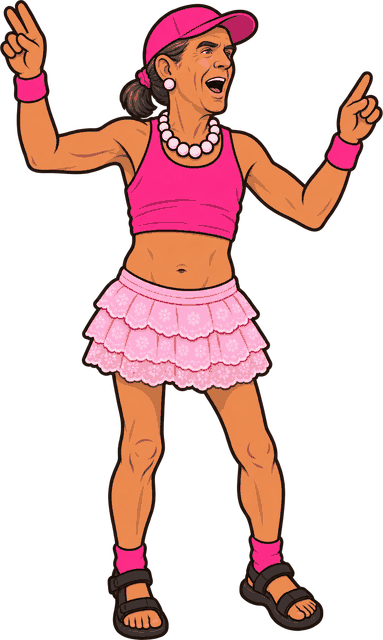 Keith, a Southampton local legend, in a pink cap, crop top and lace skirt with his arms in the air